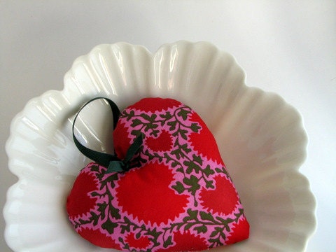 Handmade Fabric Heart Ornament -  Red Dandelions