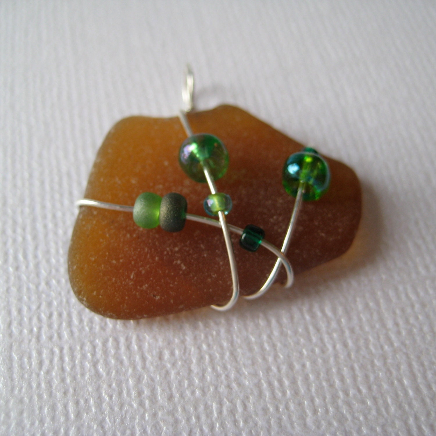 Beaded and Wire Wrapped Brown Wire Seaglass Pendant - Cape Cod