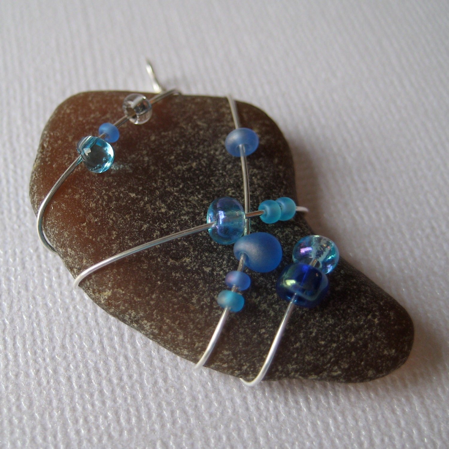 Beaded and Wire Wrapped Brown and Blue Wire Seaglass Pendant - Cape Cod