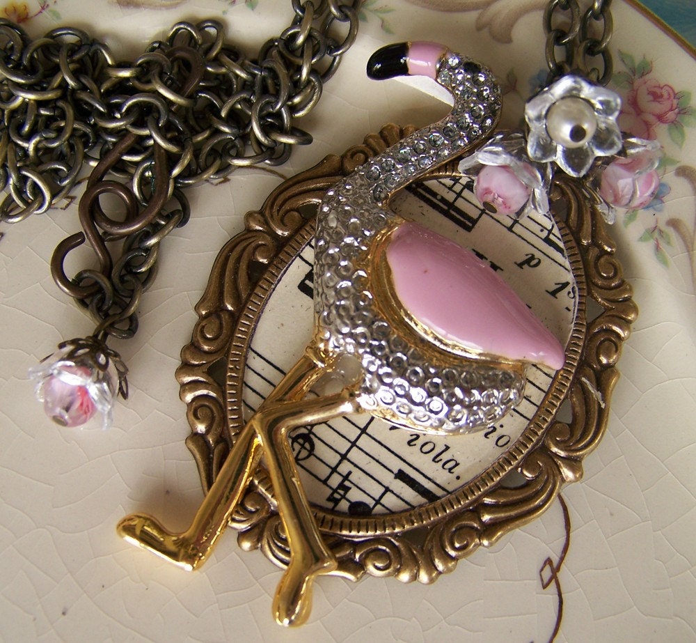 Fabulous Flamingo-Repuposed brooch-Altered Art Necklace
