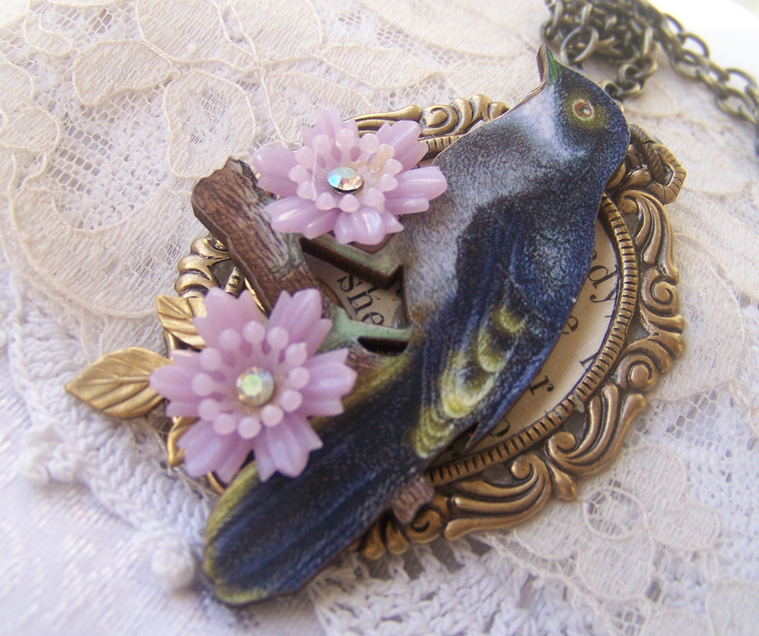 Bird Necklace, antiqued woodland jewelry, refashioned, repurposed vintage, one of a kind jewelry