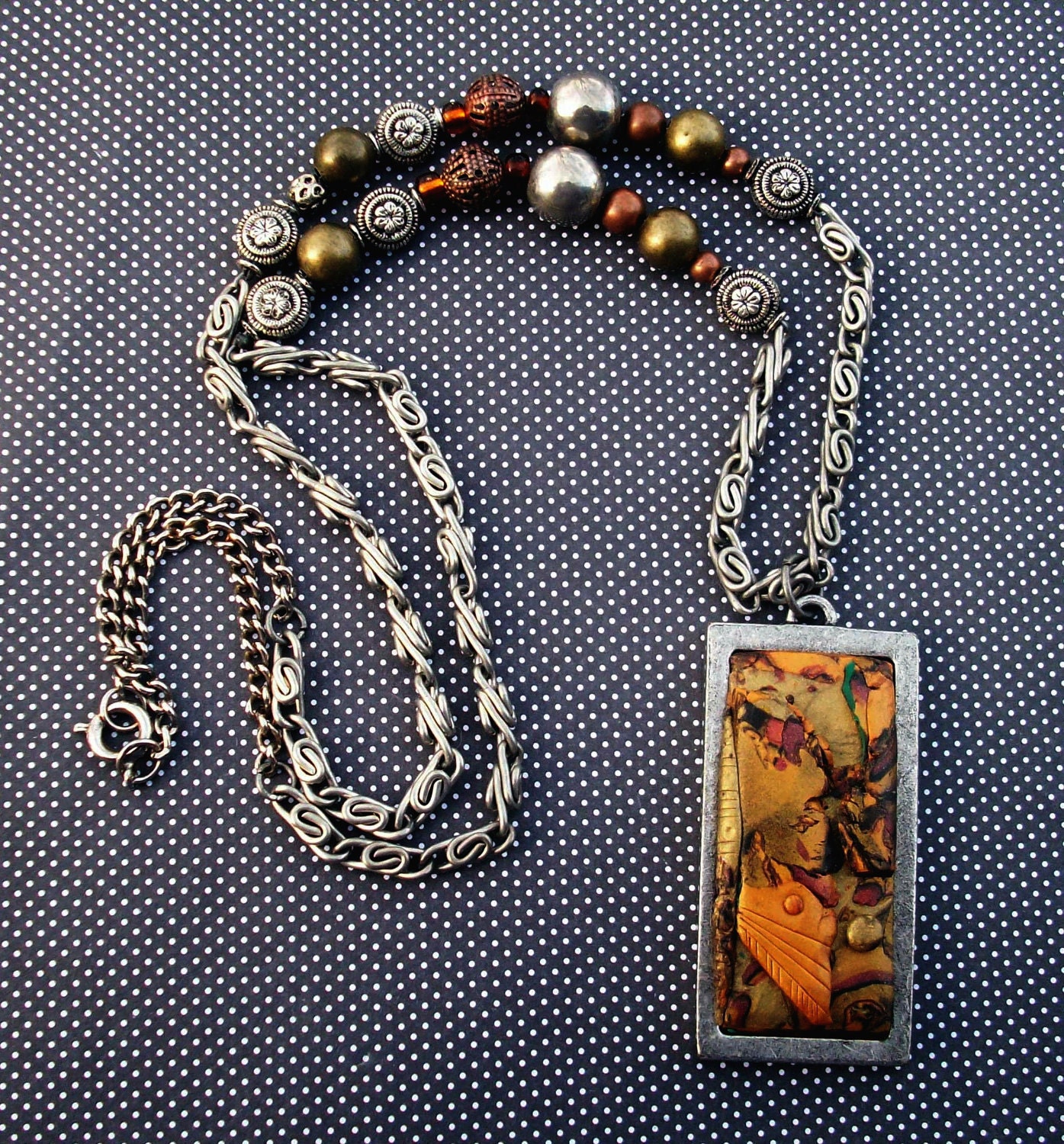 Handmade Necklace Autumn Leaves Polymer clay with Glass Beads