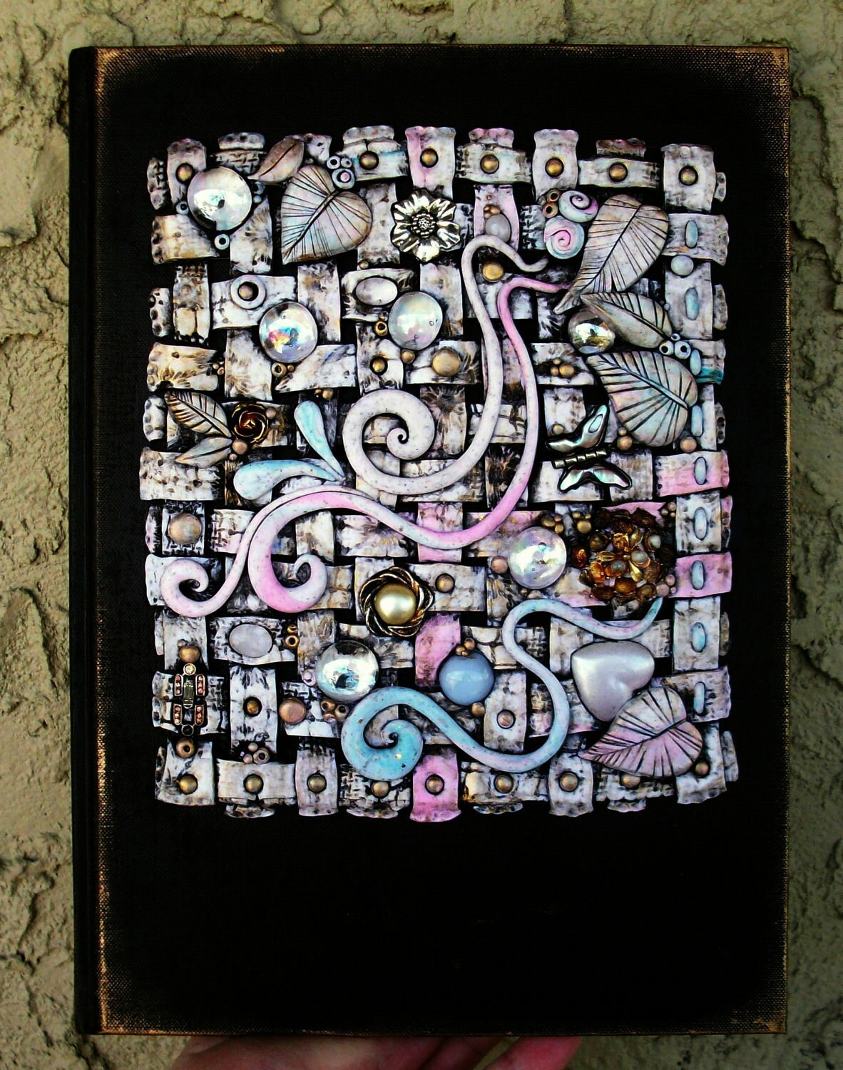 Unique Journal/Sketchbook Cottage Chic Polymer clay and Glass