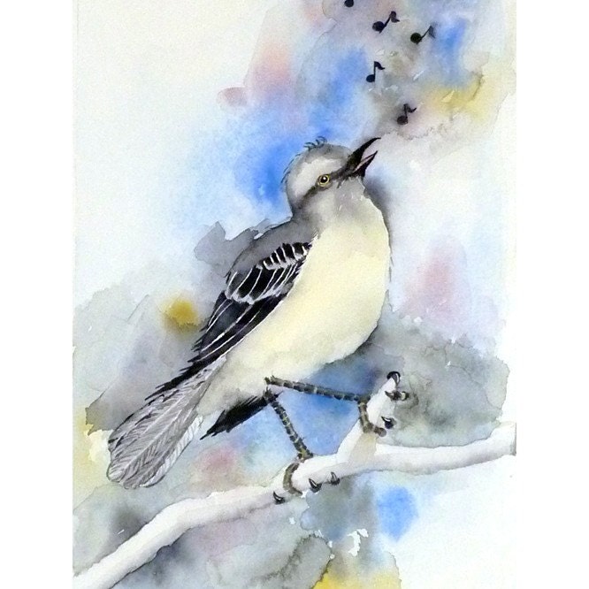 Mocking Bird Art - Painting Print Watercolor - Men Women Kids - Wild Bird Art, Woodland Art, Nature art - Artwork 8 x 10