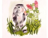 Easter Bunny Art Original Watercolor Painting Gray Rabbit Spring Pink Clover St Patrick Women Kids Apartment Dorm 7.6 x 9.6 Under 25