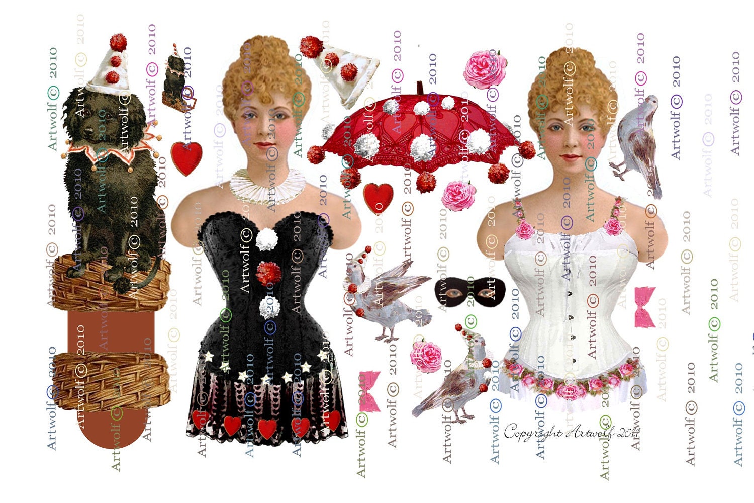 DIGITAL PAPER DOLL 3 Shts Circque Circus Paper Dolls Columbine Clown  Showgirl Dog Doves Download Papercrafts  Scrapbooking Cardmaking