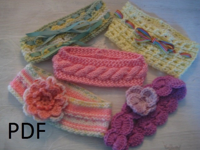 982 New baby headbands knitted free patterns 449 Four baby headbands in knit and one to crochet in a PDF pattern   