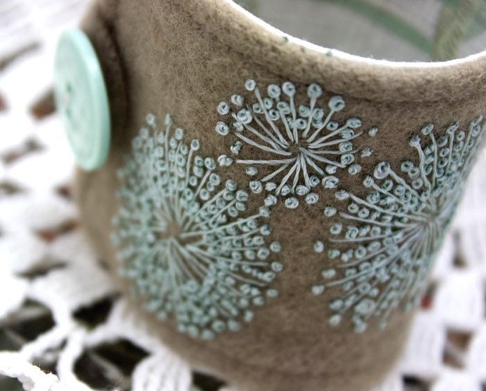 Hand Embroidery Wrist Cuff Queen Annes Lace Frost Mint Jewelry Silk Hand Embroidered