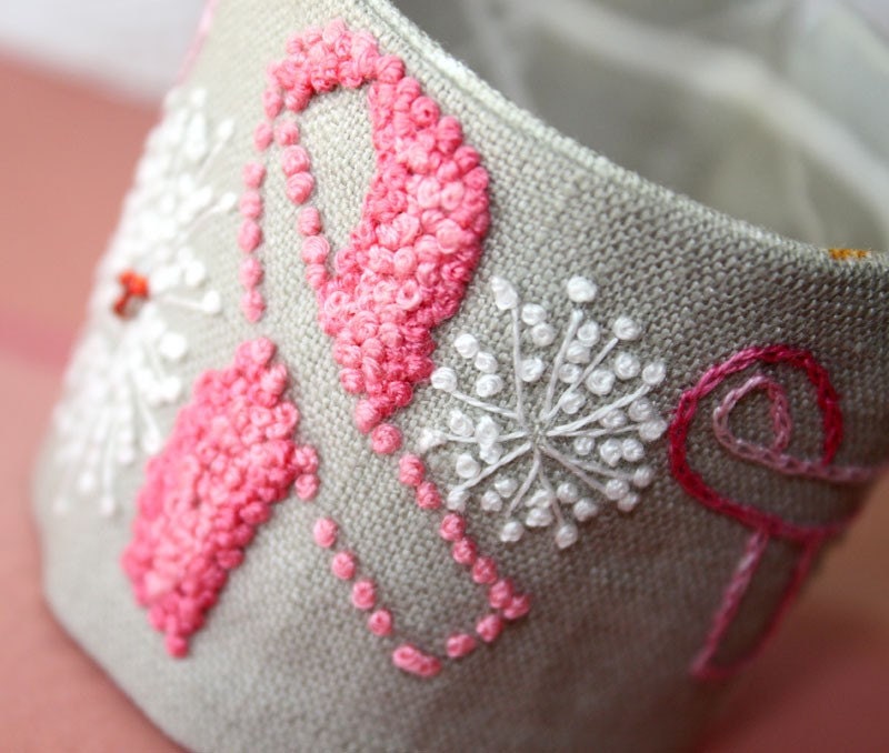 Fabric Bracelet Cuff Linen Pink Ribbon Cure for Cancer Hand Embroidery