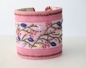 Hand Embroidery Fabric Textile Wrist Cuff Hand Embroidery pink pastel Wildflower Romance Bracelet Featured In CrossStitch and Needlework