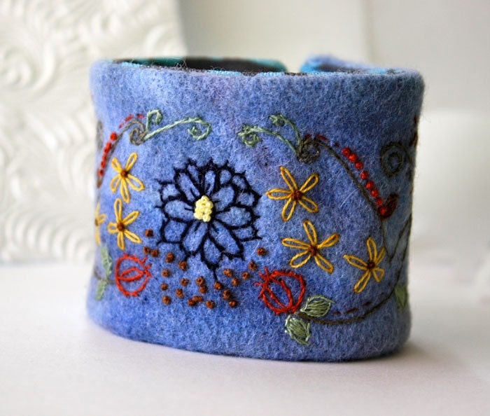 Wrist Cuff Bracelet Jacobean Hand Embroidered Pomegranate Flowers