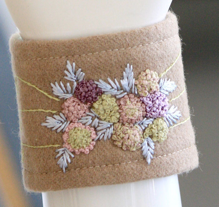 Free Hand Embroidery Hydrangea Fiber Textile jewelry Wristlet Cuff Bracelet
