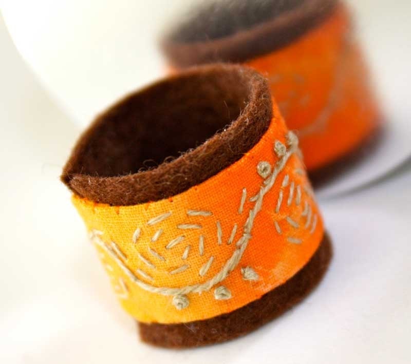 Fabric Textile Hand Embroidered Stitched Embroidery Textile RIng Orange Swirl