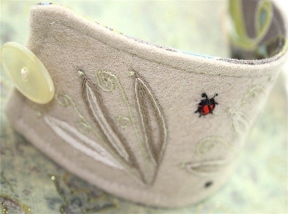 Wild Fern Textile Fabric Bracelet Wrist Cuff Hand Embroidery  with Ladybug and Ant
