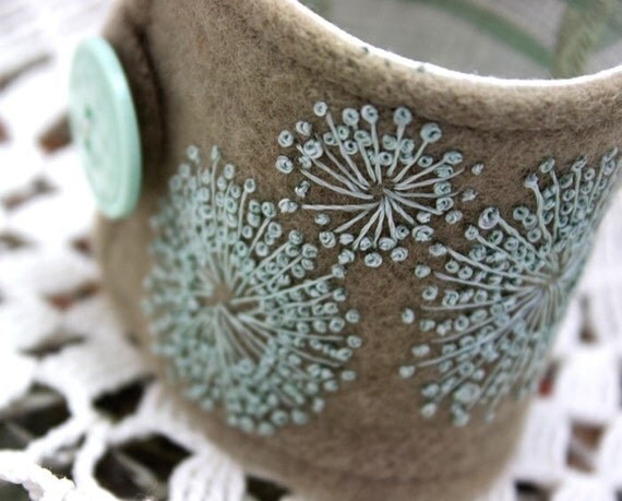 Hand Embroidery Wrist Cuff Queen Annes Lace Frost Mint Jewelry Silk Hand Embroidered