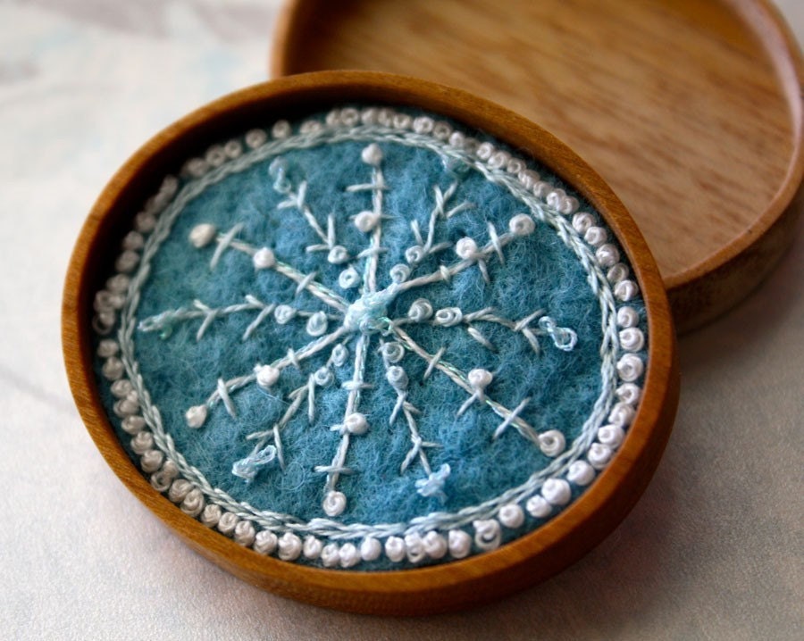 Cameo Brooch wood Snowflake Hand Embroidery Eco Friendly Blue Holiday Winter Gift for her