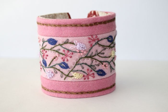 Hand Embroidery Fabric Textile Wrist Cuff Hand Embroidery pink pastel Wildflower Romance Bracelet Featured In CrossStitch and Needlework