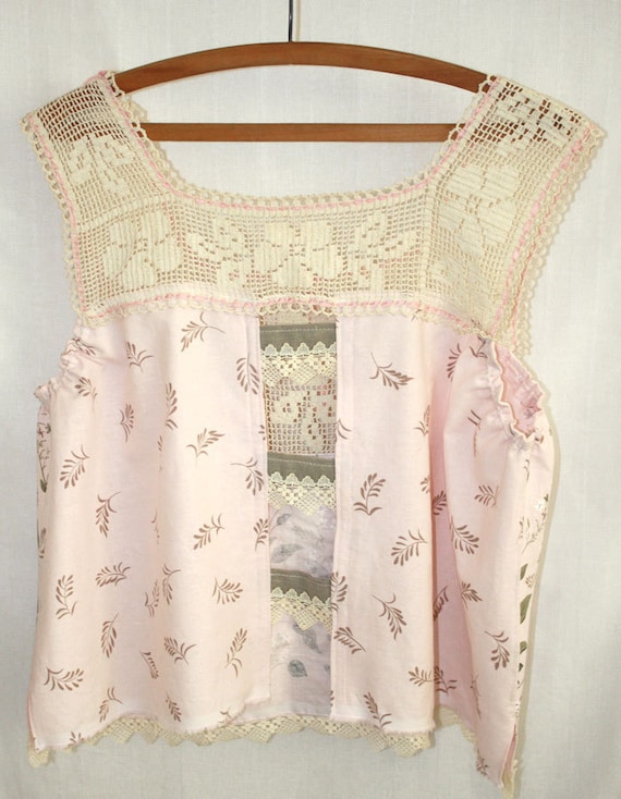 Camisole Tank Hand Embroidery Linen Vintage Crochet Yoke Flower Garden tagt team