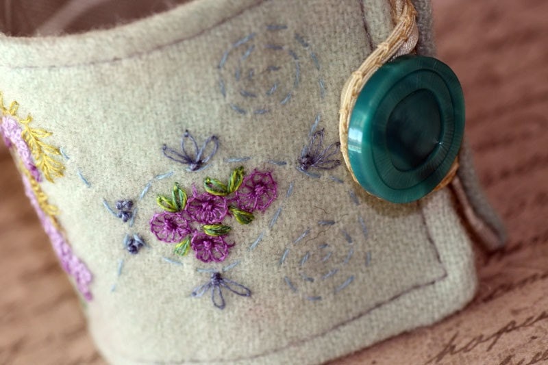Hand Embroidery Fabric Bracelet Textile Cuff Wrist Wisteria Cottage Embroidered