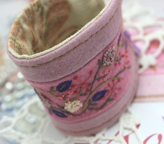 Hand Embroidery Fabric Textile Wrist Cuff Hand Embroidery pink pastel Wildflower Romance Bracelet Featured In CrossStitch and Needlework