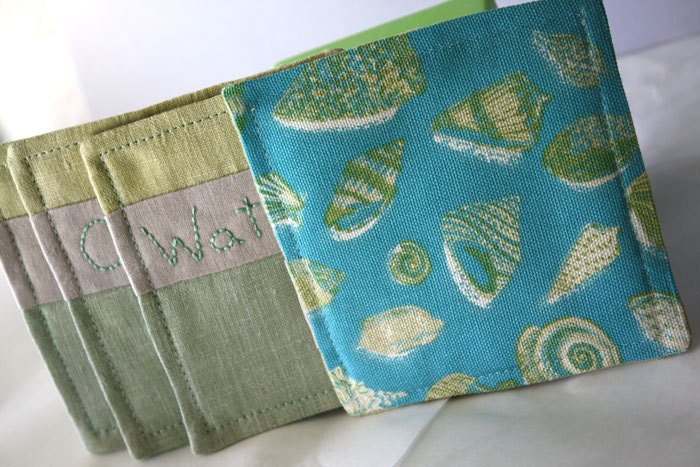 Hand Embroidery Fabric Textile Coasters Yellow Mint Lemon and Lime Summer Fun Linen Embroidered