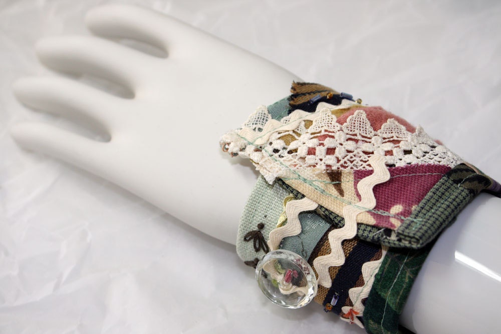Crazy Quilt Fabric Bracelet Textile Wrist Cuff Patchwork Embellished