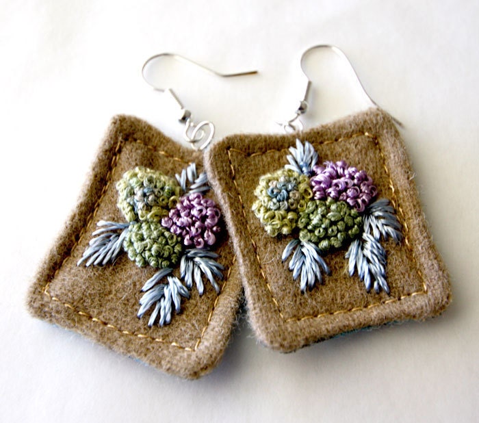 Hydrangea Fiber Fabric Earrings Textile Hand embroidery