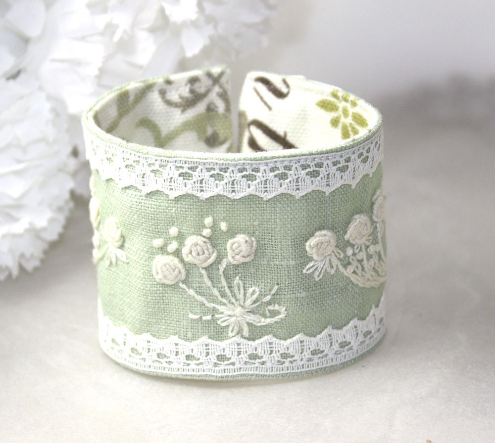 Fabric Hand Embroidery bracelet Textile Cuff Mint green Rose Bouquet Embroidery with Lace