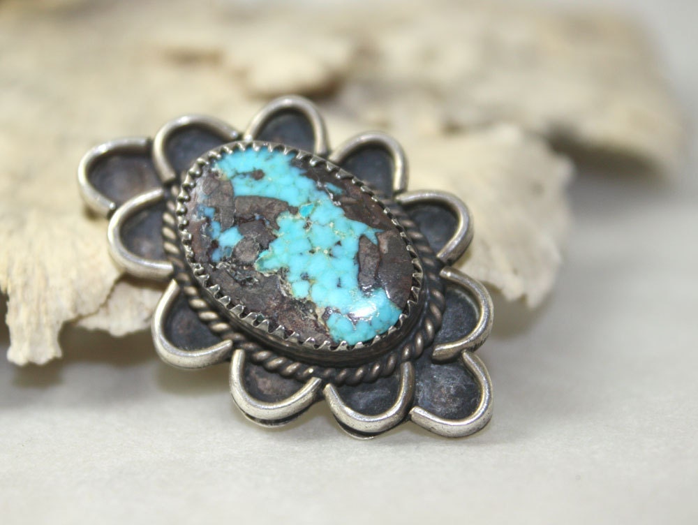 Sterling Silver Turquoise Sky Blue Gold Veining Pendant Vintage Southwestern Native American