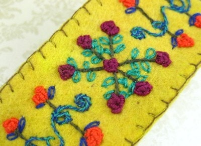Cuff Bracelet flowers more Jacobean Whimsey Hand Embroidered Wool Bracelet Roses Jewel Tones