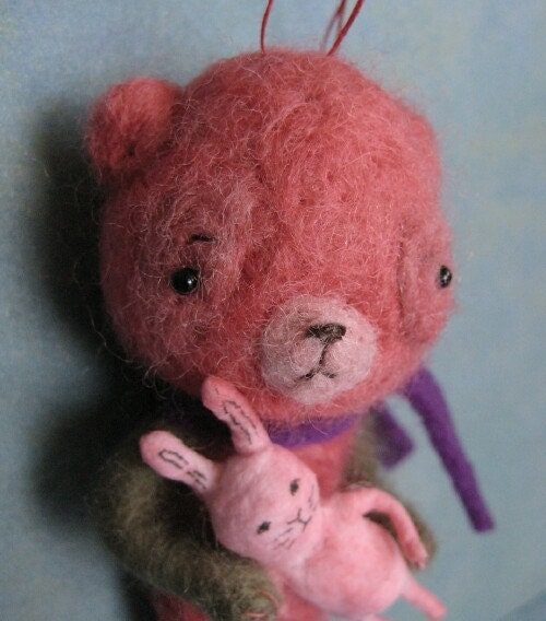 Miniature Pink Bear with Bunny a needle felted Ornament by maria pahls