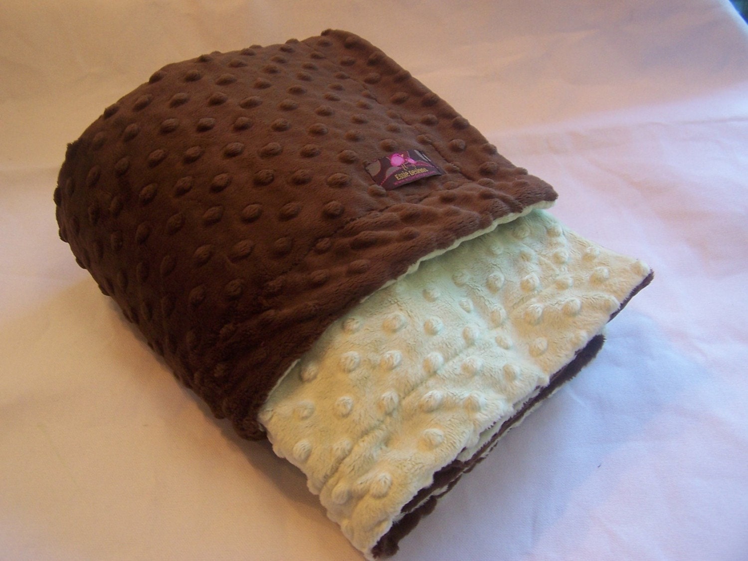 Minky Blanket- Chocolate and Pistachio sage 35 x 30