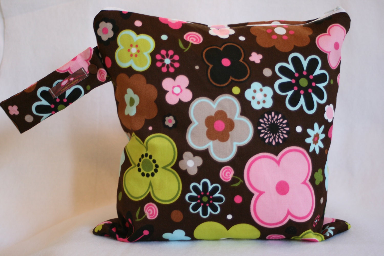 Wet Bag-Large Waterproof Wet Bag- 12.5 x 12.5- Snap Handle and Zipper- Brown Flower Power