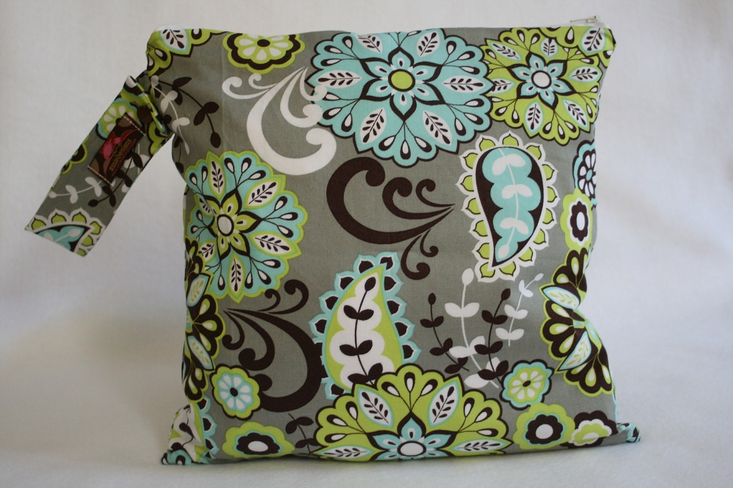 Wet Bag-Large Waterproof Wet Bag- 12.5 x 12.5- Snap Handle and Zipper- Star Flower- Gray-Brown-Green