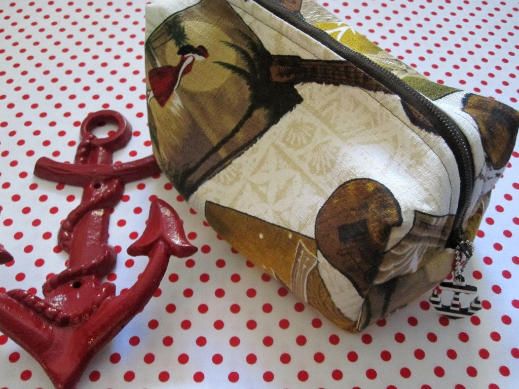 Bark Cloth Boxy Zipper Pouch-Barkcloth Brown Yellow Retro Hawaiian