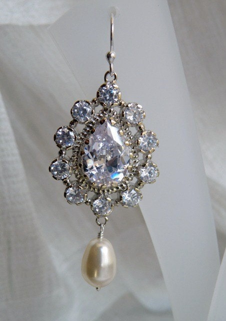 Bridal Earrings Ivory Swarovski Pearl CZ Earrings - Bianca E7 Wedding Jewelry Edwardian Charm