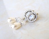 Wedding Jewelry Bridal Earrings CZ  Swarovski Ivory Pearl Silver Earrings - Cynthia E10 Edwardian Charm