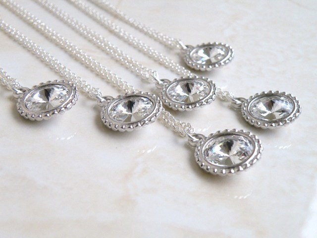 Bridal Necklace Swarovski Crystal Rivoli Pendant Sterling Silver Clear for Brides/ Bridesmaids Set of 6