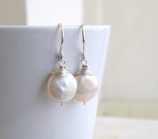 Wedding Jewelry Bridal Pearl Earrings Coin Pearl Wire Wrapped Sterling Silver Dangle Earrings - GemE5B