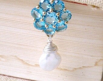 Pale Aquamarine Blue Cubic Zirconia and Genuine Coin Pearl Sterling Silver Floral Necklace - Edlyn N6 Wedding Jewelry