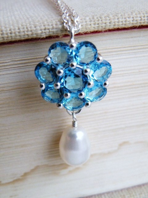 Pale Aquamarine Blue Cubic Zirconia and White Swarovski Pearl Sterling Silver Floral Dangle Necklace - Edlyn N5 Wedding Jewelry