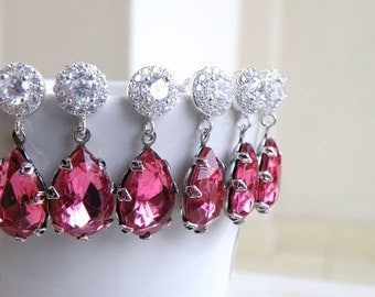 Bridal Earrings Fuchsia Rose Pink Foiled Teardrop Stone Rhinestone Silver Stud Earrings - Bella EV4-3 3 pairs Wedding Jewelry
