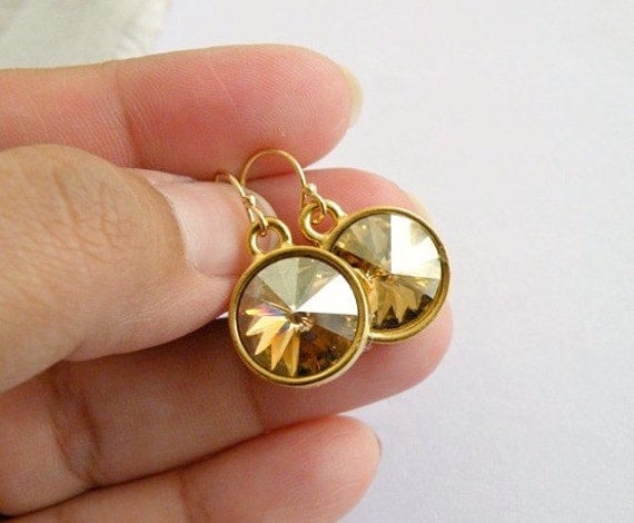 Bridal Earrings Swarovski Champagne Golden Rivoli Gold Bella E16GSGold Bridesmaid Jewelry Wedding Jewelry