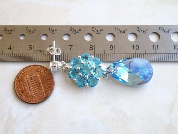 Wedding Jewelry Bridal Earrings Aquamarine Blue Cubic Zirconia Swarovski Crystal Stud Post Earrings - Edlyn E7