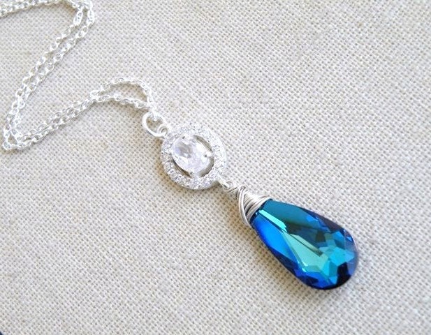 Bridal Necklace Swarovski Peacock Blue Teardrop Silver CZ - Bella N18Blue Wedding Jewelry Bohemian Beach