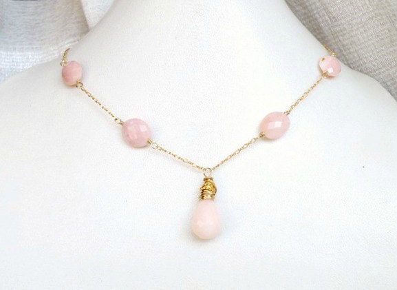Pink Opal Gold Necklace Faceted AAA Teardrop Gemstone Briolette - GemN5Gold Wedding Jewelry