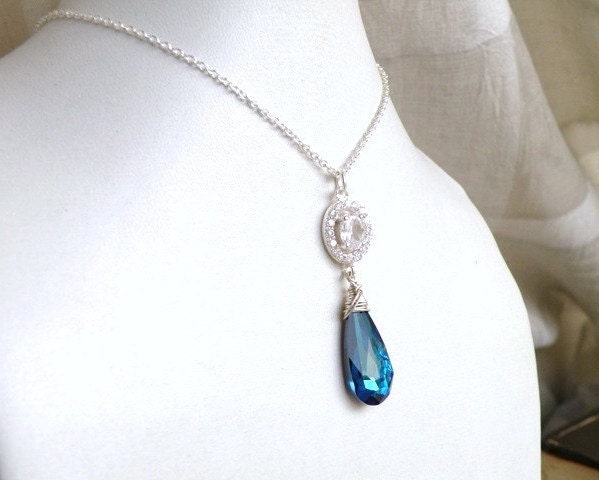 Bridal Necklace Swarovski Peacock Blue Teardrop Silver CZ - Bella N18Blue Wedding Jewelry Bohemian Beach