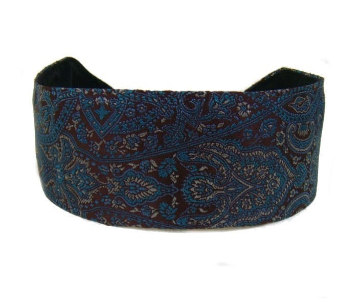 Blue Damask Over Deep Brown, Luxurious Silk Brocade, Beautiful Wide Headband By Bargain Headbands