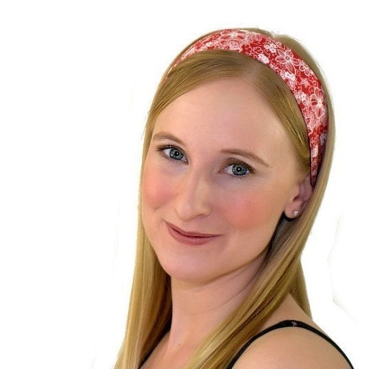 Skinny Headband, A Garden in White Over Bright Red, Beautiful Headband By Bargain Headbands