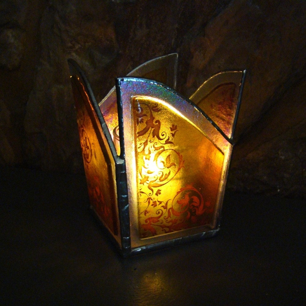 Amber Damask Fused Glass Candle Holder Iridescent